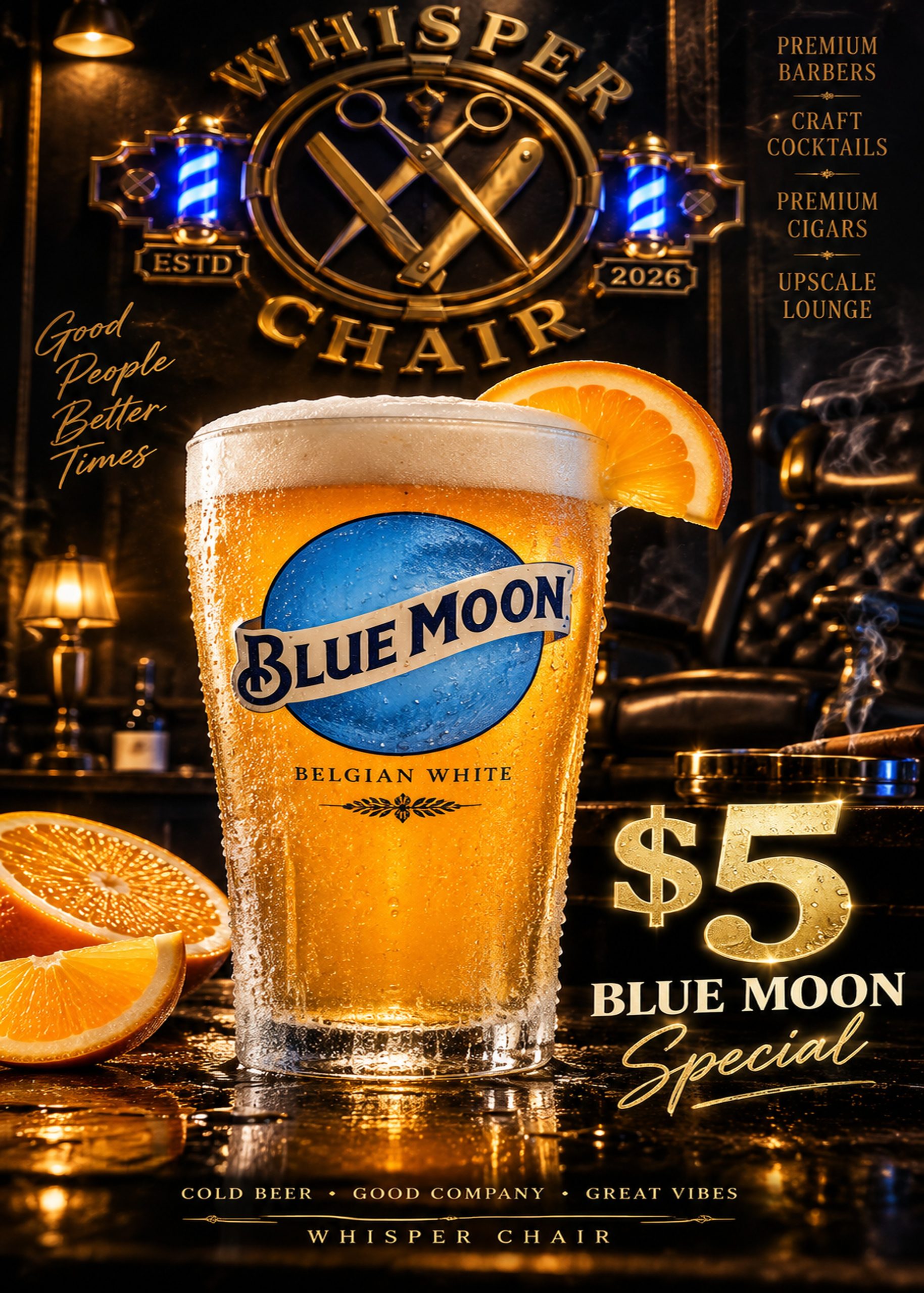 Blue Moon beer special at Whisper Chair in Humble Texas featuring a frosted Belgian White beer with orange garnish
